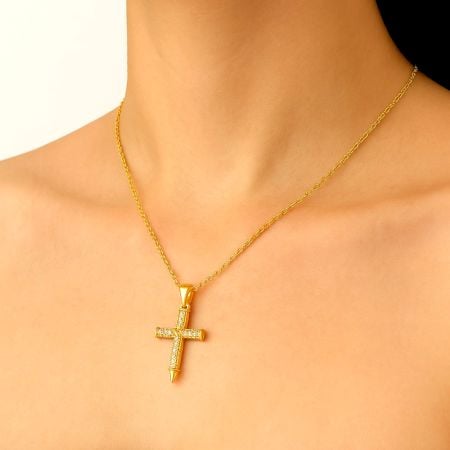 18K Gold Plated Iced Cross Pendant Necklace